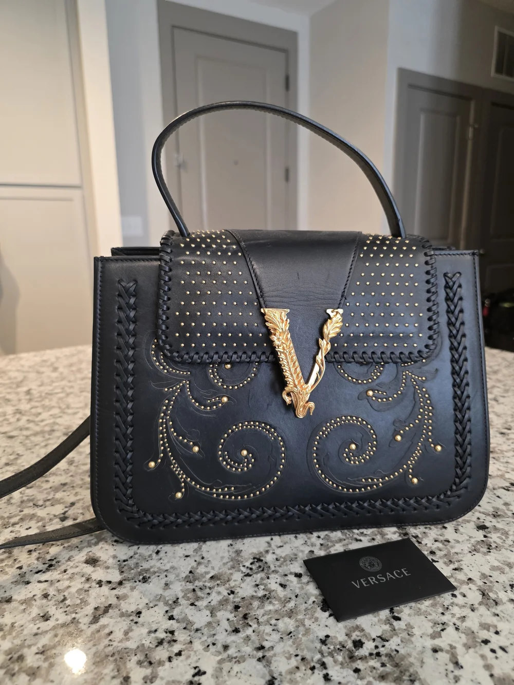 Versace Black Leather Satchel with Gold V Leaf Emblem